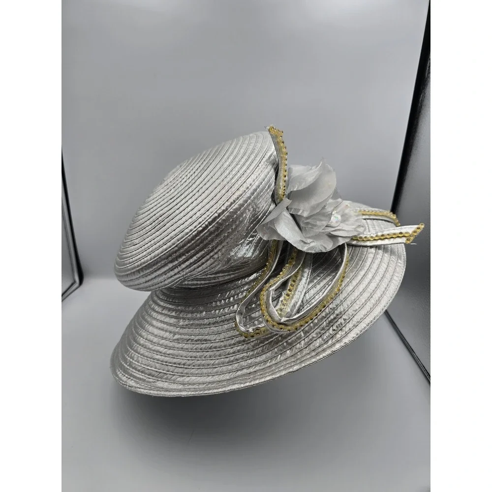 Unbranded Wide Brim Church Hat Women One‎ Size Silver Good Floral Sequin Trim